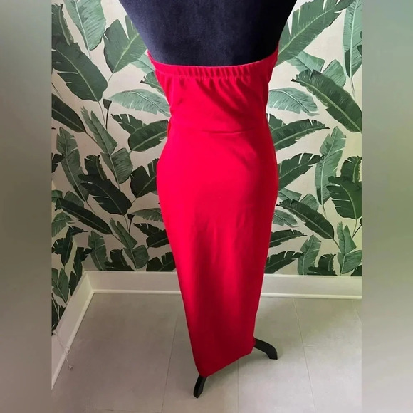 Boutique Scobe Red Strapless Plunge Neck Front Slit midi dress size L - Picture 5 of 5